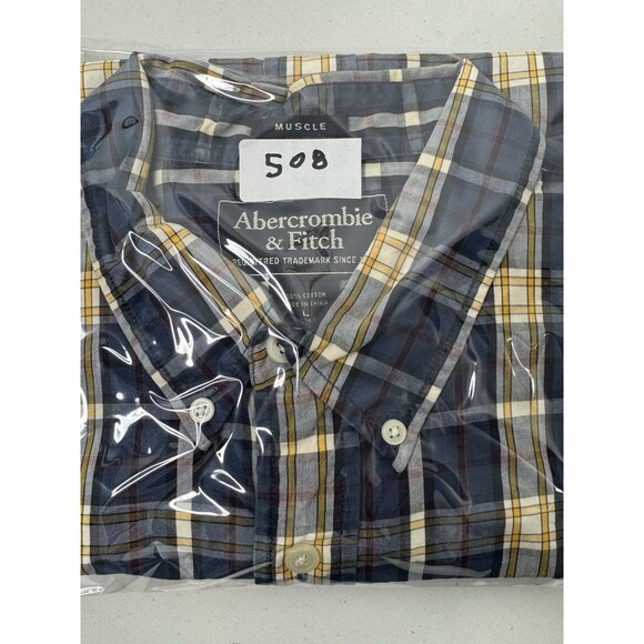 Abercrombie & Fitch Muscle Shirt Button Up Blue Plaid Short Sleeve Mens Size L - Picture 12 of 12